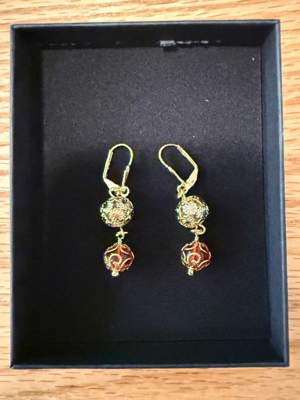 18K Gold Filled Red Crystal Filigree Beaded Dangle Earrings